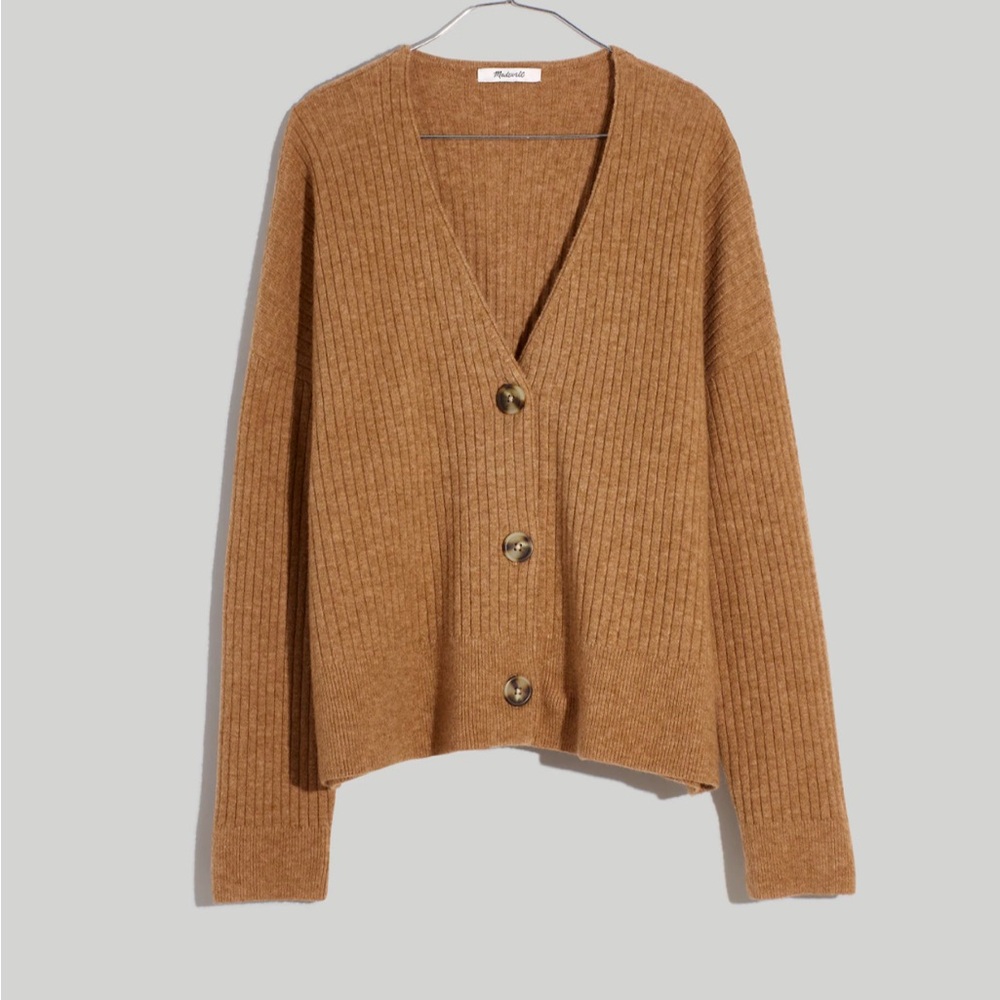 Madewell Cameron Ribbed Cardigan Sweater in Cosiest Yarn, Hthr Toffee, Medium